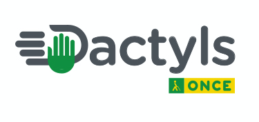 Logo de Dactyls. Se compone de la palabra Dactyls realizada en negro y trazo grueso y en minúsculas, excepto la D, que es simulada por una mano extendida con el pulgar junto con la palma abierta y orientados los dedos hacia la izquierda, formándose la imagen de una letra D mayúscula a través del contorno del dedo pulgar y bordes derechos e inferior de la palma. Sobre ella y perpendicularmente a esta, se sitúa otra mano más pequeña y de color verde apoyados sus dedos sobre la palma de la anterior. Debajo del conjunto y bajo las letras tyls aparece el logotipo de la ONCE